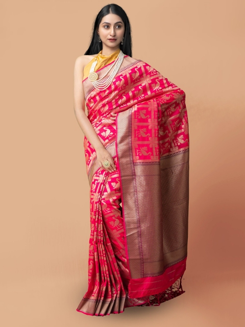 

Unnati Silks Pink & Gold-Toned Ethnic Motifs Silk Cotton Kanjeevaram Saree