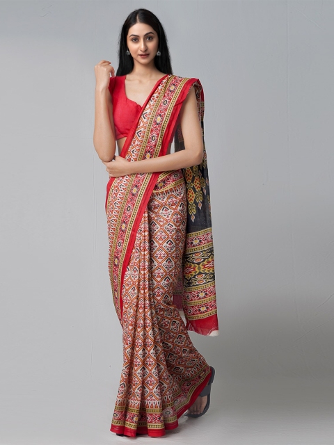

Unnati Silks Cream-Coloured & Red Ethnic Motifs Pure Cotton Kovai Saree
