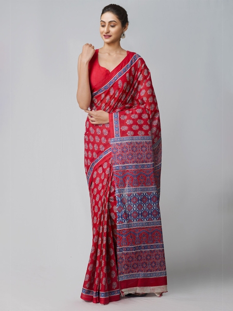 

Unnati Silks Red & Blue Ethnic Motifs Pure Cotton Handloom Sustainable Kovai Saree