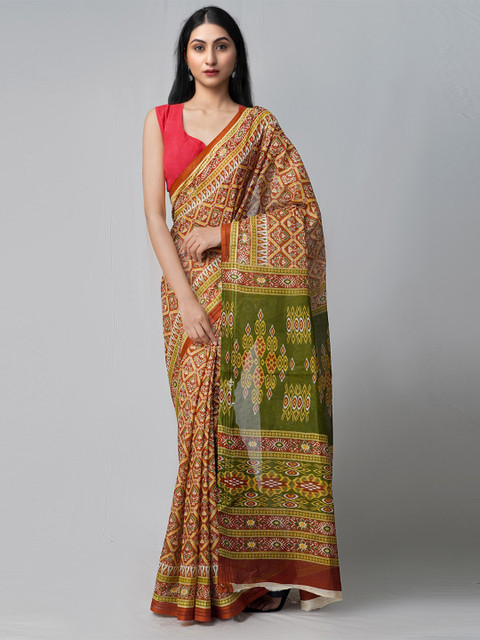 

Unnati Silks Red Printed Pure Handloom Sustainable Krisha Cotton Saree