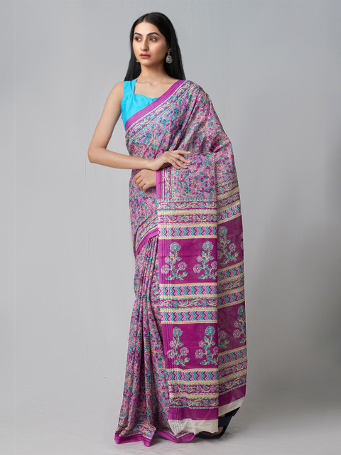 

Unnati Silks Purple & Blue Floral Pure Cotton Kovai Saree