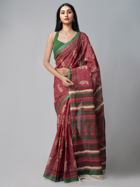 

Unnati Silks Burgundy & Green Ethnic Motifs Pure Cotton Kovai Saree