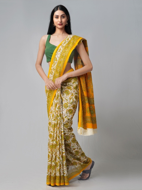 

Unnati Silks Cream-Coloured & Yellow Floral Pure Handloom Sustainable Cotton Kovai Saree