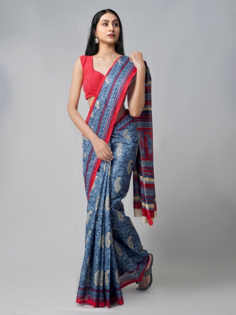 

Unnati Silks Blue & Red Ethnic Motifs Pure Cotton Kovai Saree
