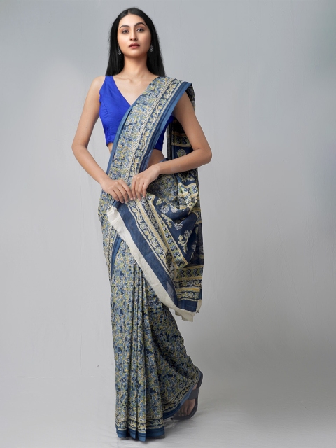 

Unnati Silks Blue & White Floral Printed Pure Cotton Handloom Sustainable Kovai Saree