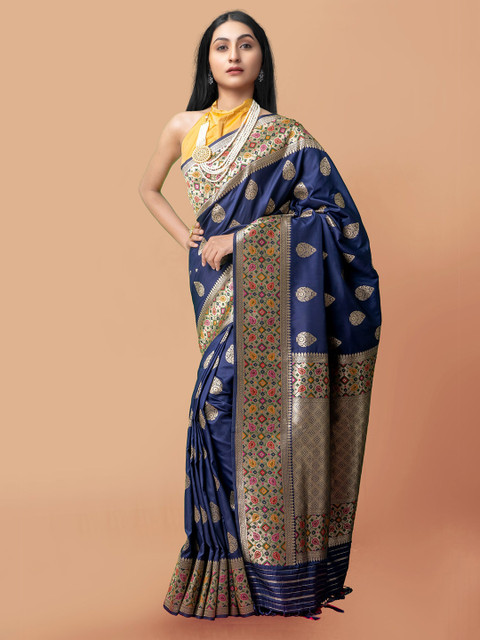 

Unnati Silks Blue & Green Ethnic Motifs Silk Cotton Kanjeevaram Saree