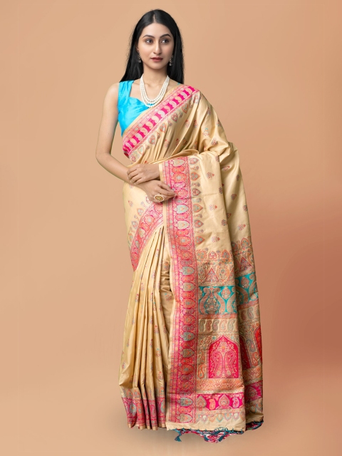 

Unnati Silks Pink & Green Ethnic Motifs Zari Silk Cotton Banarasi Saree