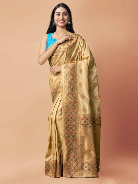 

Unnati Silks Brown & Gold-Toned Woven Design Zari Silk Cotton Banarasi Saree