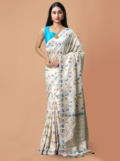 

Unnati Silks Cream-Coloured & Blue Ethnic Motifs Silk Cotton Banarasi Saree