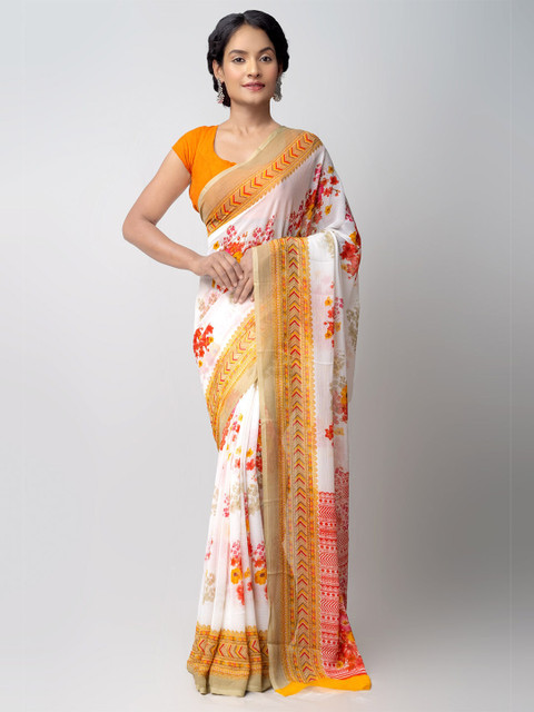 

Unnati Silks Cream-Coloured & Yellow Floral Patola Saree