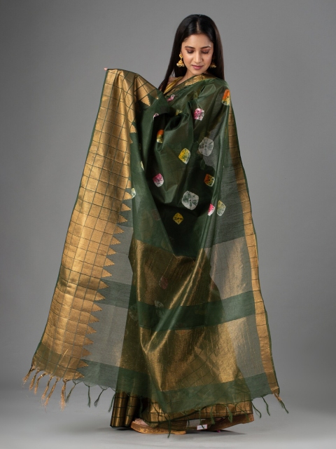 

Mitera Green & Gold Ethnic Motifs Zari Silk Cotton Bhagalpuri Saree
