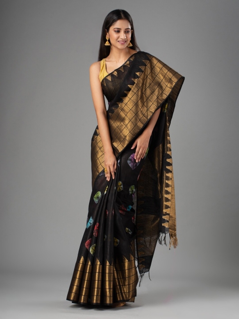 

Mitera Black & Gold-Toned Tie and Dye Zari Silk Cotton Bhagalpuri Saree