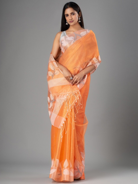 

Mitera Orange & White Woven Design Pure Silk Saree