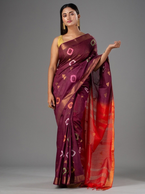 

Mitera Burgundy & Orange Ethnic Motifs Zari Silk Cotton Bhagalpuri Saree