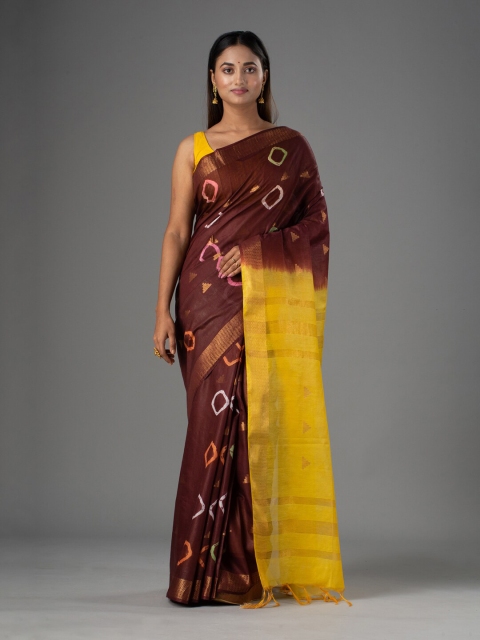 

Mitera Brown & Yellow Woven Design Zari Silk Cotton Bhagalpuri Saree