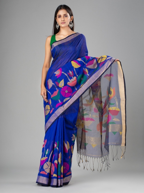 

Mitera Blue & Magenta Floral Zari Pure Silk Saree