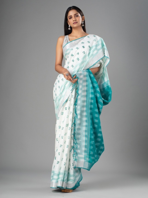 

Mitera White & Sea Green Floral Zari Pure Cotton Bhagalpuri Saree