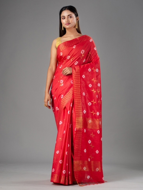 

Mitera Pink & White Bandhani Zari Silk Cotton Bhagalpuri Saree