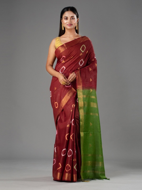 

Mitera Maroon & Gold-Toned Bandhani Zari Silk Cotton Bhagalpuri Saree