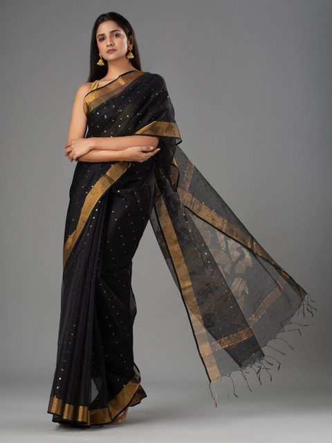 

Mitera Black & Gold-Toned Woven Design Pure Silk Saree