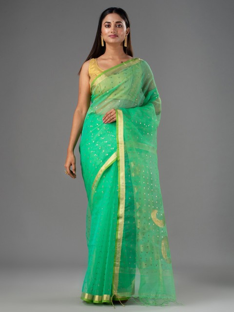 

Mitera Green & Gold-Toned Floral Zari Pure Silk Saree