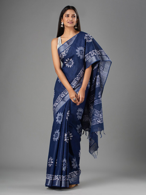 

Mitera Blue & White Floral Pure Cotton Bhagalpuri Saree