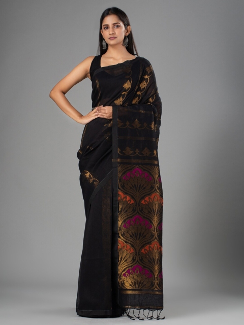 

Mitera Black & Gold-Toned Woven Design Zari Pure Linen Saree