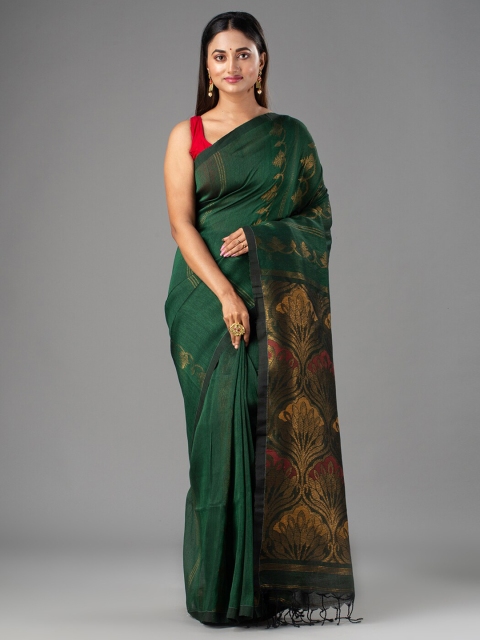 

Mitera Green & Gold Ethnic Motifs Pure Linen Saree