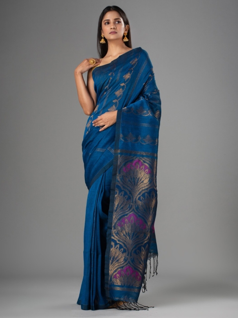 

Mitera Blue & Magenta Ethnic Motifs Zari Pure Linen Saree