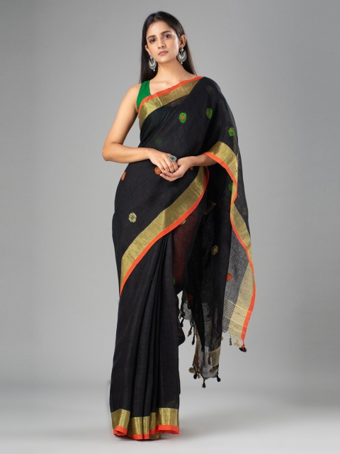 

Mitera Black & Red Zari Pure Linen Saree