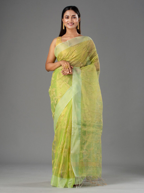 

Mitera Green & Gold-Toned Floral Pure Silk Saree