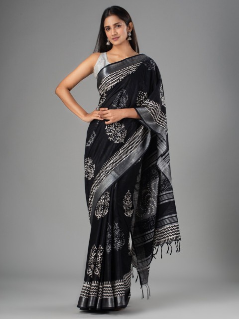 

Mitera Black & White Batik Zari Pure Cotton Bhagalpuri Saree
