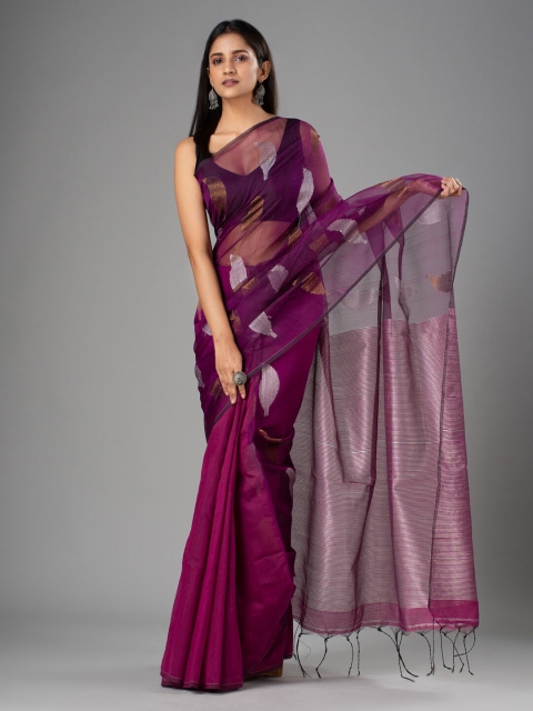 

Mitera Purple & Silver-Toned Floral Silk Cotton Saree