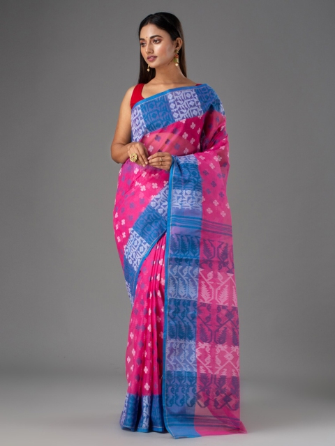 

Mitera Pink & Blue Floral Pure Cotton Jamdani Saree