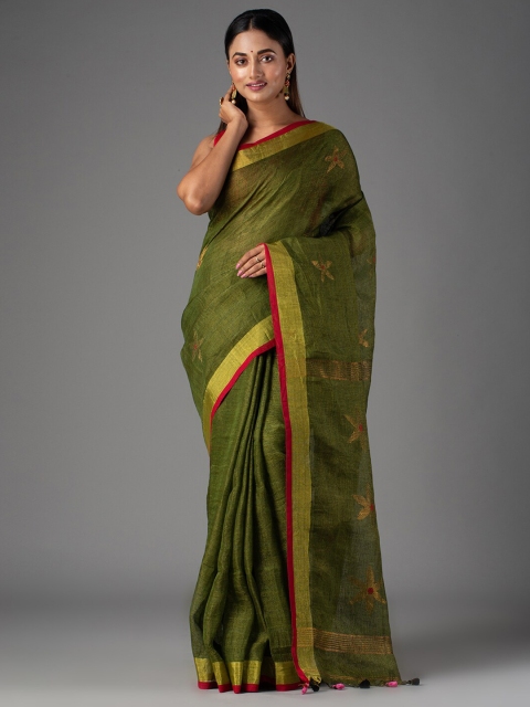 

Mitera Green & Gold-Toned Floral Zari Linen Blend Saree