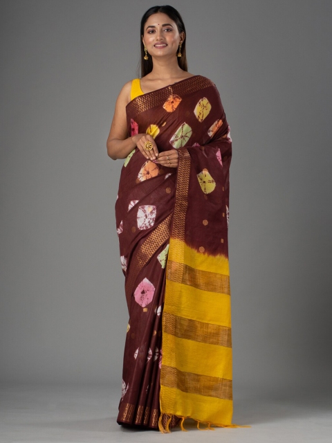 

Mitera Brown & Yellow Bandhani Zari Silk Cotton Bhagalpuri Saree