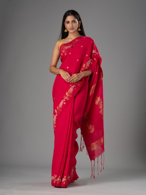 

Mitera Pink & Gold-Toned Floral Pure Cotton Saree