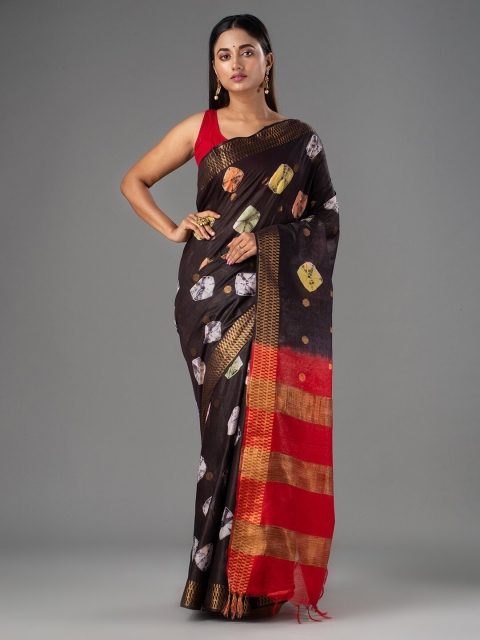 

Mitera Black & Orange Bandhani Zari Silk Cotton Bhagalpuri Saree