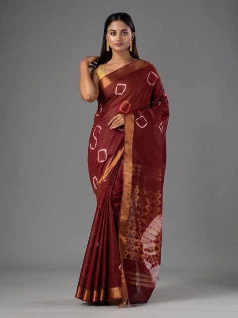 

Mitera Magenta & Gold-Toned Bandhani Zari Silk Cotton Bhagalpuri Saree