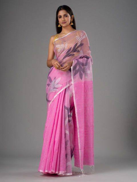 

Mitera Pink & Grey Floral Pure Silk Jamdani Saree