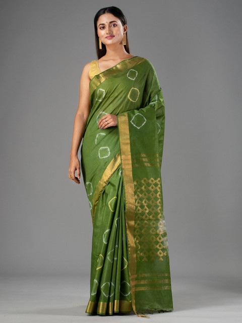 

Mitera Green & Gold-Toned Zari Silk Cotton Bhagalpuri Saree