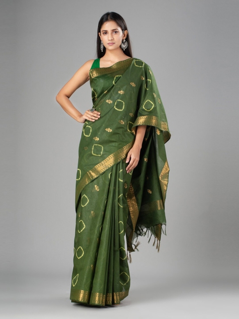 

Mitera Green & Gold-Toned Bandhani Zari Silk Cotton Bhagalpuri Saree