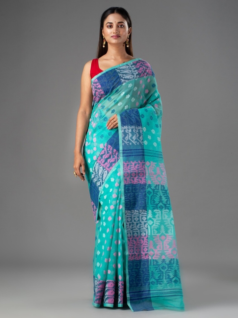 

Mitera Sea Green & Blue Floral Pure Cotton Jamdani Saree