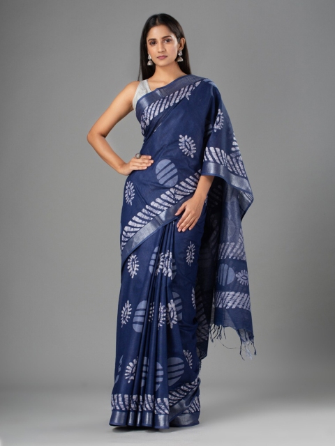 

Mitera Blue & White Ethnic Motifs Zari Pure Cotton Bhagalpuri Saree