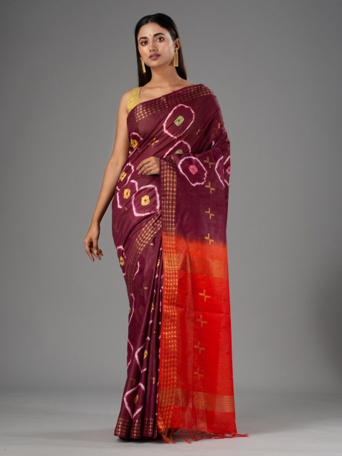 

Mitera Burgundy & Red Bandhani Zari Silk Cotton Bhagalpuri Saree