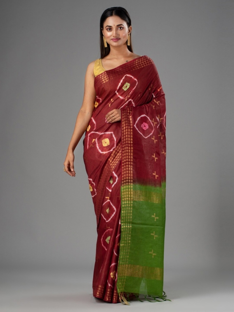 

Mitera Maroon & Green Bandhani Zari Silk Cotton Bhagalpuri Saree