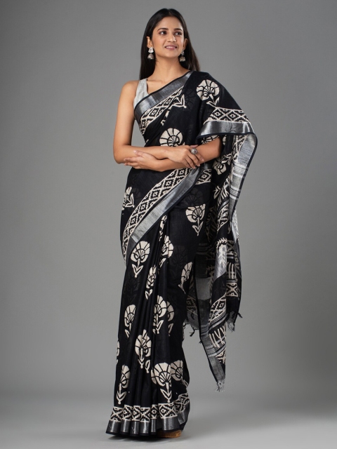 

Mitera Black & White Floral Zari Pure Cotton Bhagalpuri Saree
