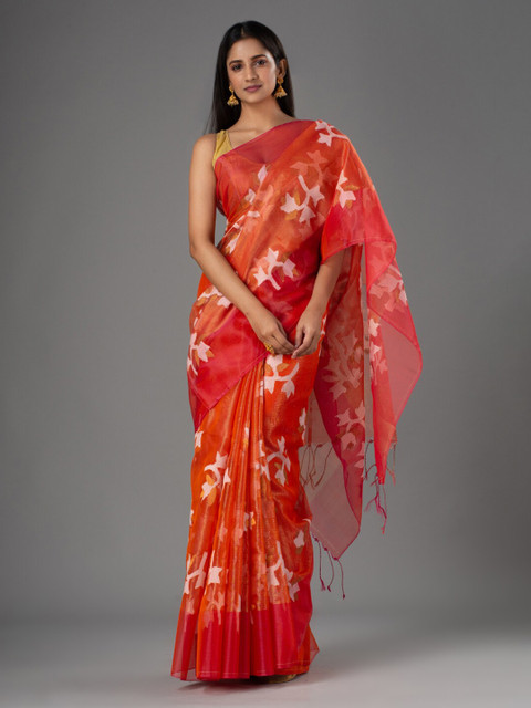 

Mitera Orange & White Floral Pure Silk Saree