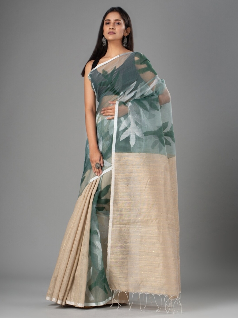 

Mitera Olive Green & Tan Floral Pure Silk Jamdani Saree