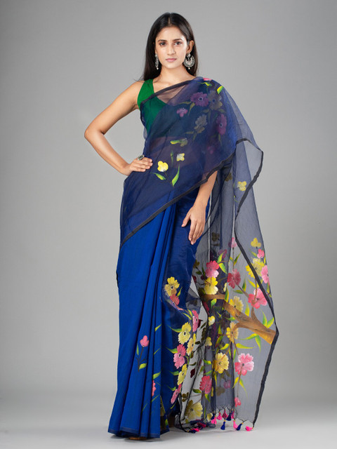 

Mitera Blue & Yellow Floral Silk Cotton Saree